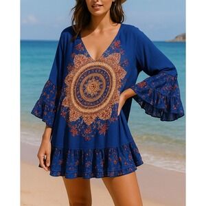 Aveology Boho Mandala Tunic Top Dress Women 30/32 Royal Blue Ruffle Bell Sleeve